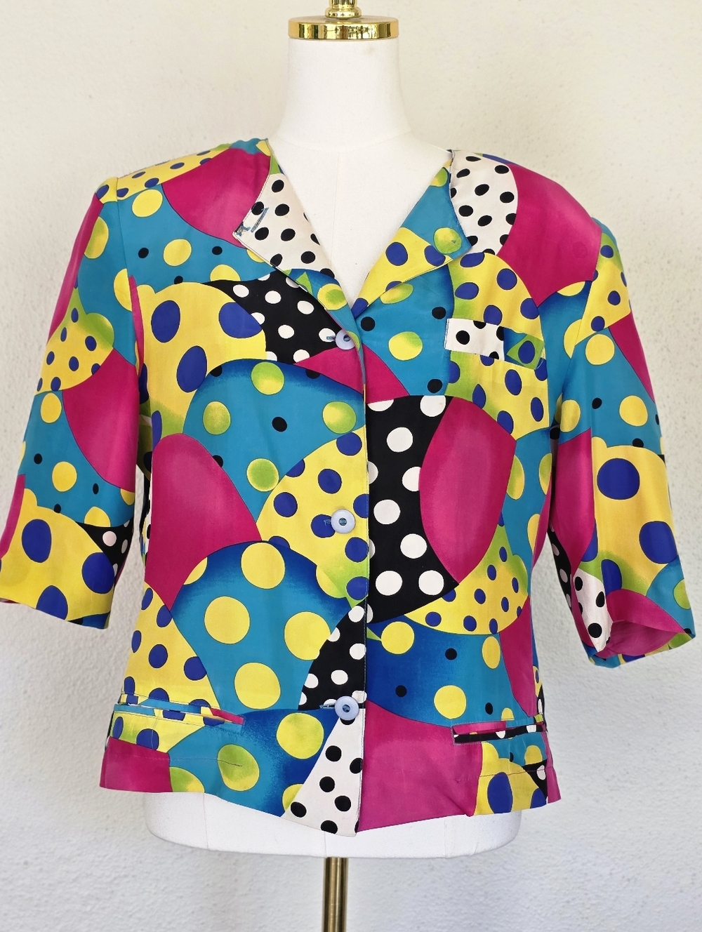 VTG Pat Argenti 100% Silk Pop Art Blazer - Geometric Polka Dot Maximalist M